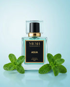 Aqua perfume bottle with mint leaves, clear glass, gold accents, fresh fragrance on blue background