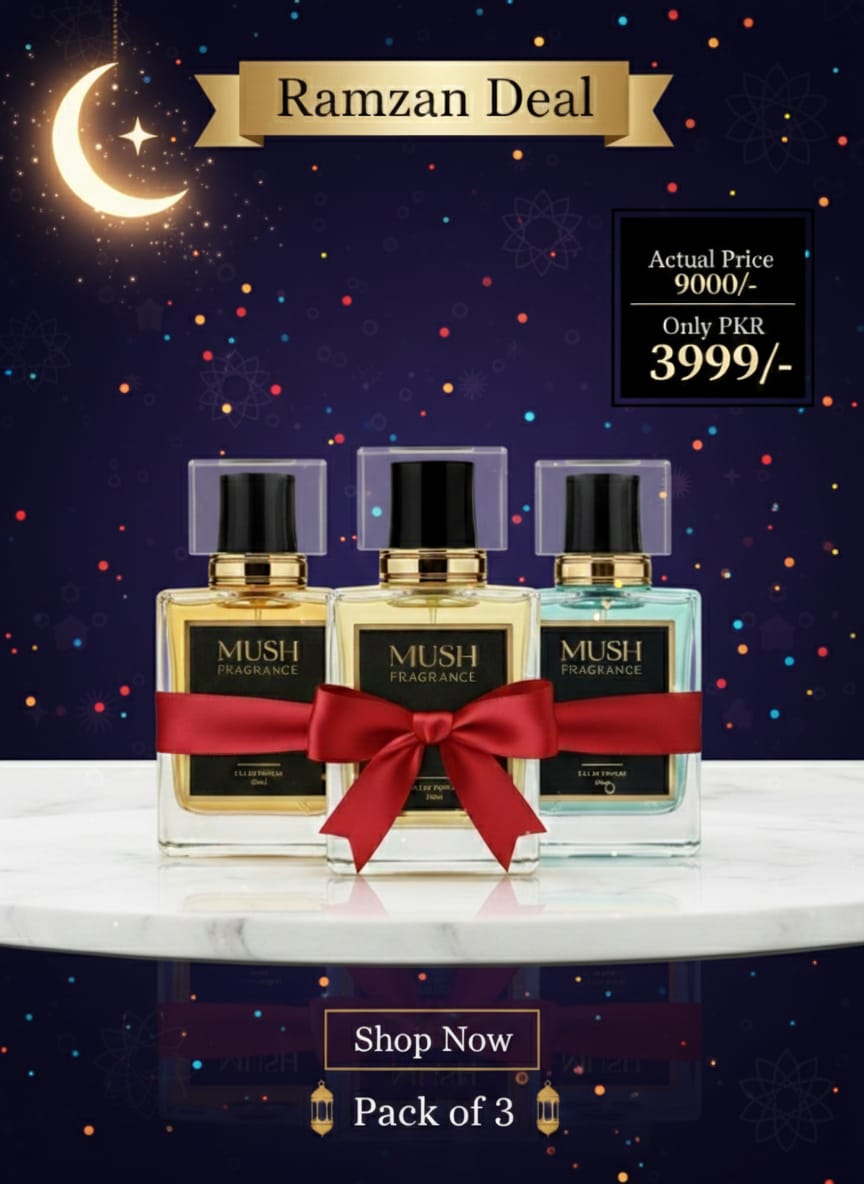 Ramzan perfume deal with three Mush Fragrance bottles, ribbon, crescent moon, festive background