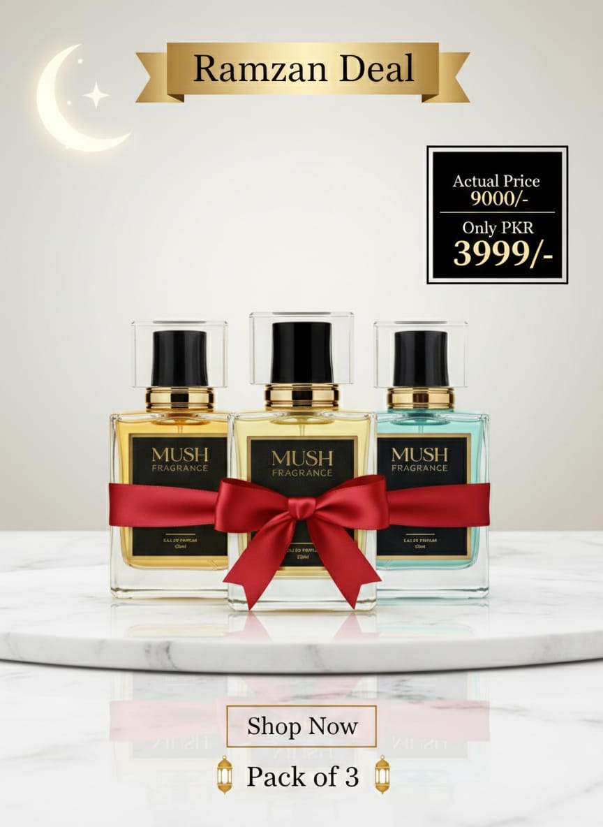 Pack of 3 luxury perfume bottles with red ribbon, Ramzan fragrance deal promo in Pakistan